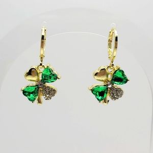 St. Patricks Day 4 Leaf Clover Drop Huggie Earrings